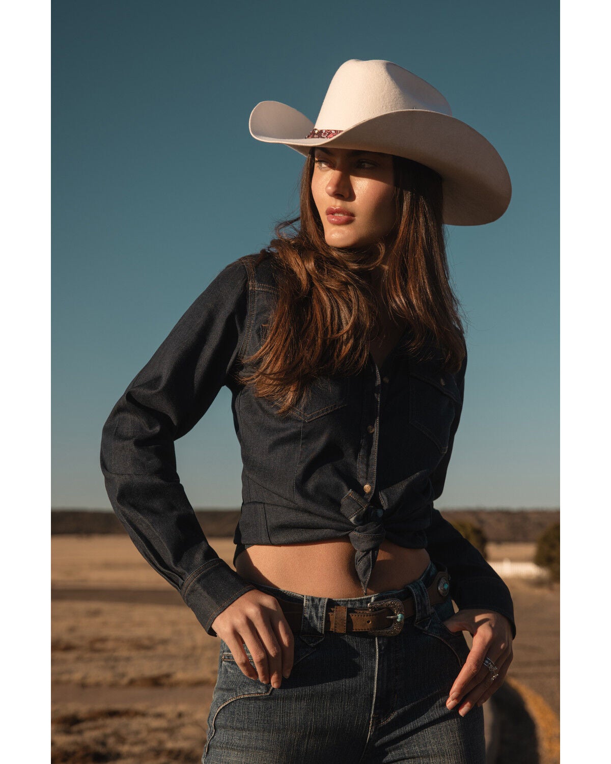 Shyanne Women's Bella Dark Wash Denim Long Sleeve Button-Down Stretch Western Shirt, Dark Wash, hi-res