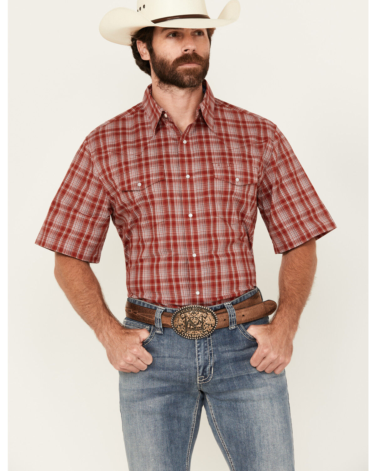 Image #1 - Wrangler Men's Plaid Print Short Sleeve Snap Stretch Western Shirt, Red, hi-res