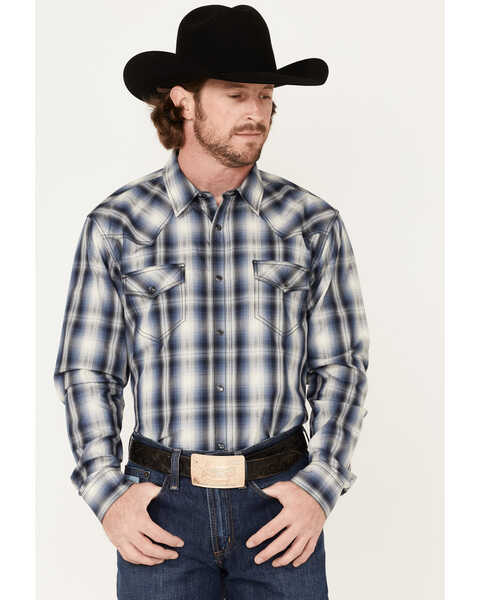 Image #1 - Cody James Men's Trailblazer Plaid Print Long Sleeve Pearl Snap Western Shirt , Blue, hi-res