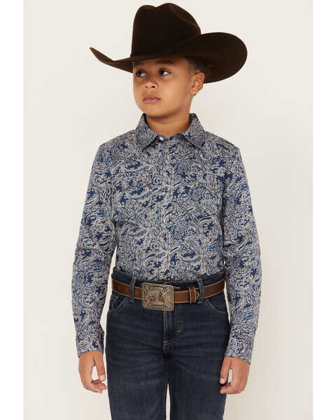 Image #1 - Cody James Boys' Paisley Print Long Sleeve Snap Western Shirt, Dark Blue, hi-res
