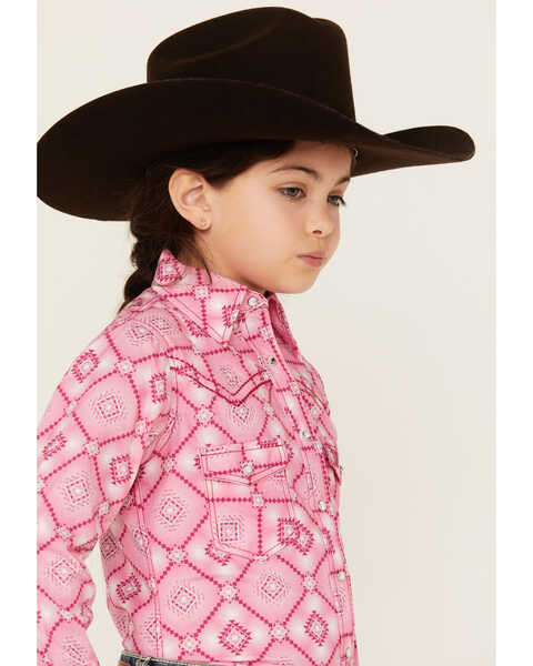 Image #2 - Cowgirl Hardware Girls' Diamond Southwestern Print Long Sleeve Snap Western Shirt , Pink, hi-res