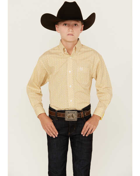 Image #1 - Panhandle Select Boys' Geo Print Long Sleeve Button Down Western Shirt , Yellow, hi-res