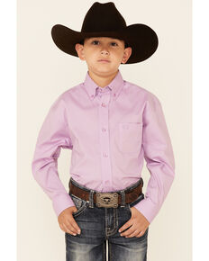 Panhandle Select Boys' Purple Solid Stretch Long Sleeve Button-Down Western Shirt , Purple, hi-res