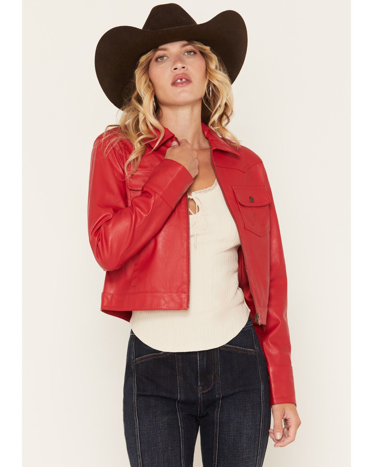 Wrangler Women's Slim Seamed Faux Leather Jacket, Red, hi-res