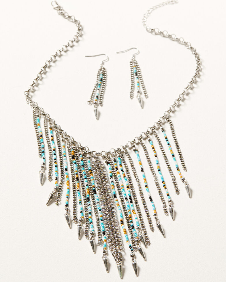 Shyanne Women's Desert Charm Beaded Fringe Necklace & Earrings Set - 2-Piece, Silver, hi-res