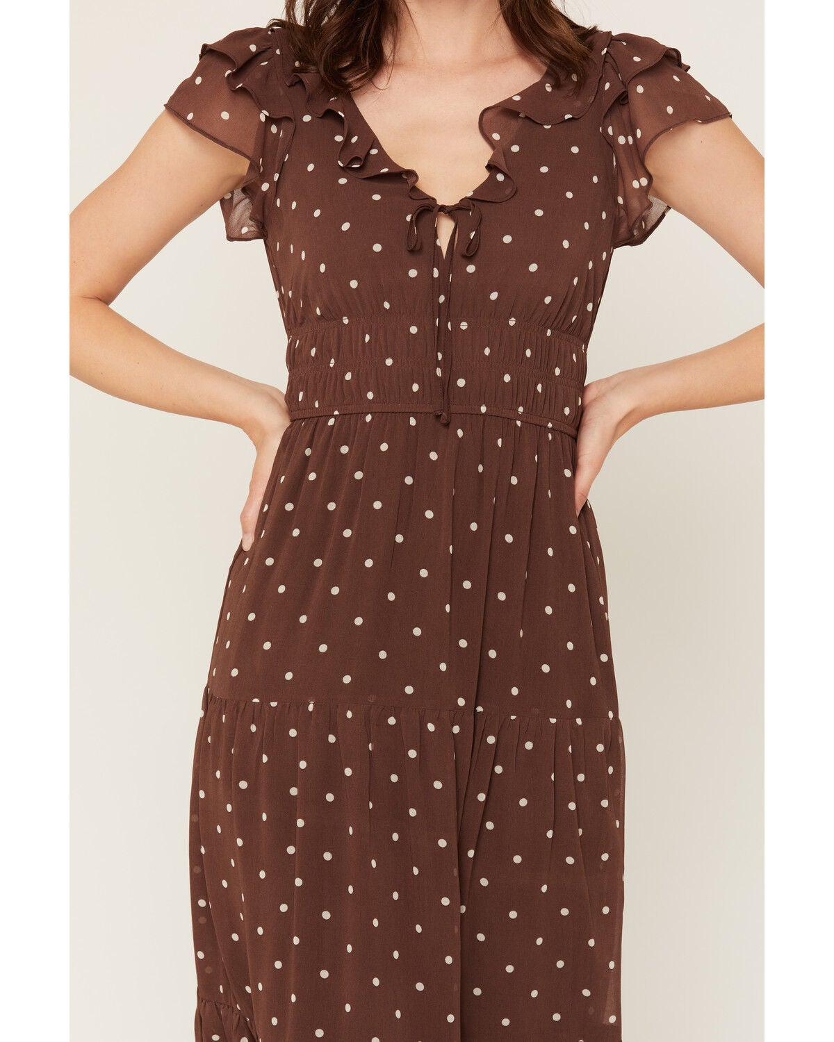 Image #3 - Ash & Violet Women's Polka Dot Ruffle Smocked Waist Midi Dress, Brown, hi-res