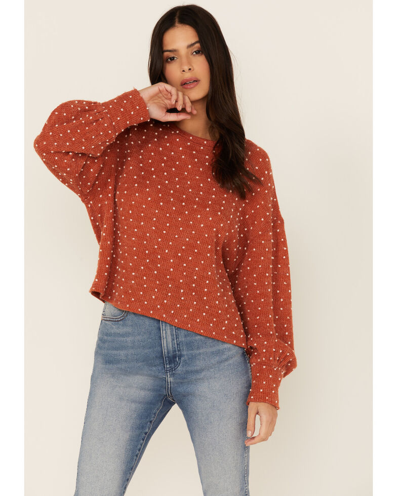 Very J Women's Round Neck Swiss Dotted Knit Sweatshirt Top, Rust Copper, hi-res