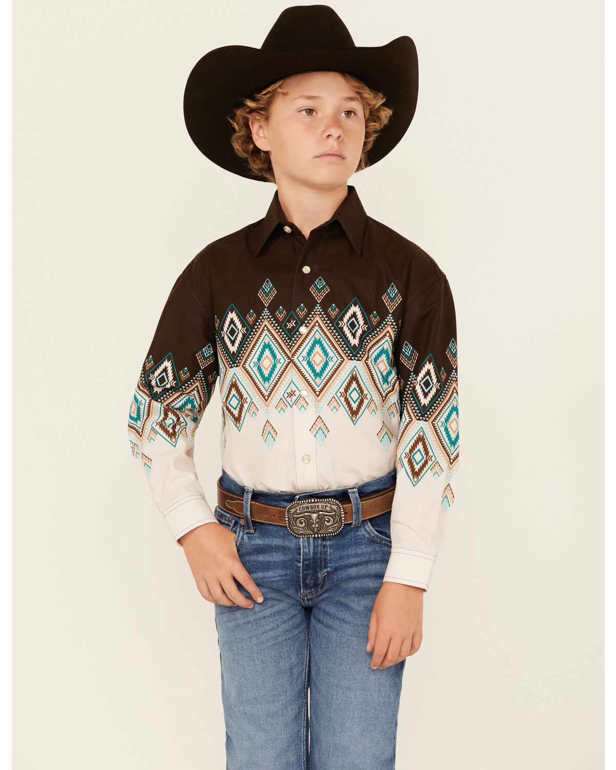 Image #1 - Panhandle Boys' Southwestern Print Border Long Sleeve Snap Western Shirt, Brown, hi-res