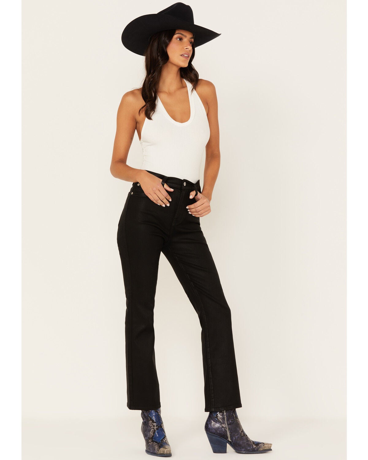 7 For All Mankind Women's High Rise Coated Denim Slim Kick Flare Jeans, Black, hi-res
