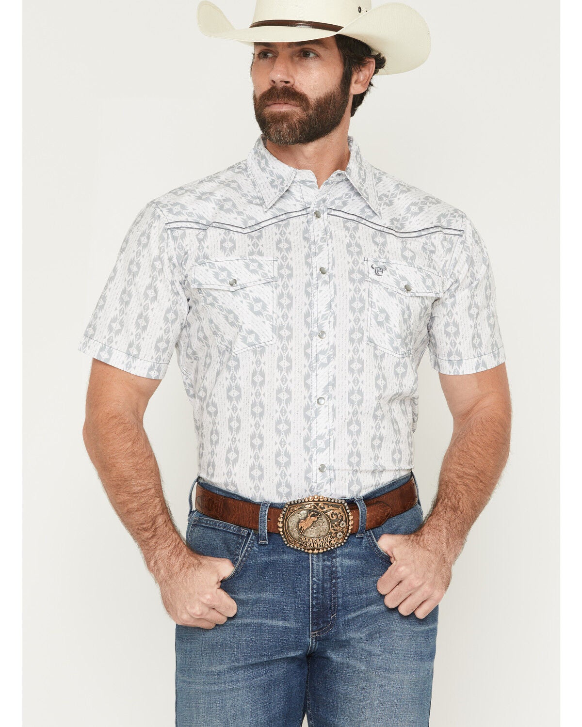 Image #1 - Cowboy Hardware Men's Southwestern Print Short Sleeve Pearl Snap Stretch Western Shirt, White, hi-res