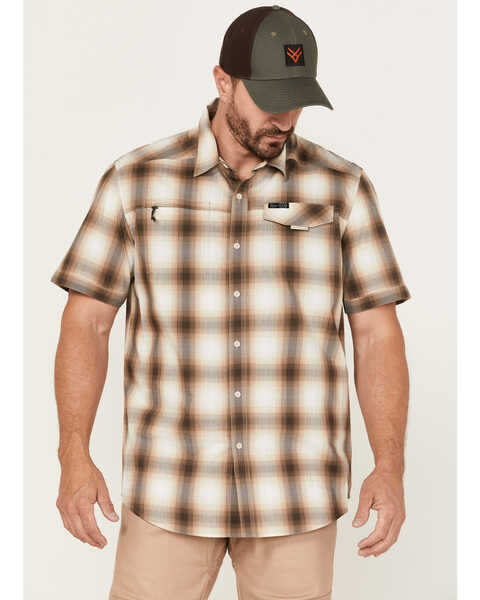 ATG by Wrangler Men's All-Terrain Plaid Asymmetric Pocket Short Sleeve Button Down Western Shirt , Grey, hi-res