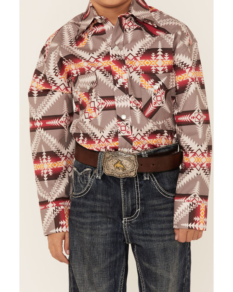 Rock & Roll Denim Boys' Brown Southwestern Stripe Long Sleeve Snap Western Shirt , Brown, hi-res