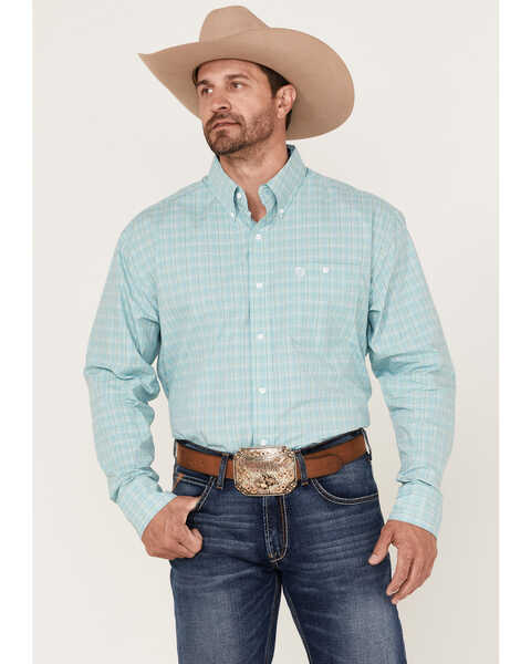 George Strait By Wrangler Men's Plaid Long Sleeve Button-Down Western Shirt - Big & Tall , Turquoise, hi-res