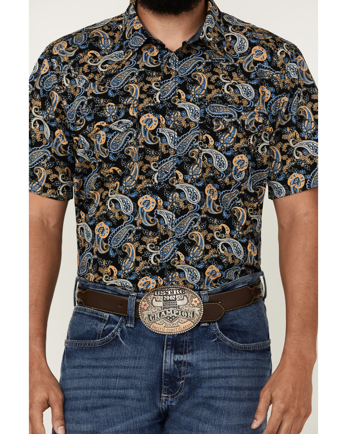 Image #3 - Cody James Men's 18 Carat Paisley Print Short Sleeve Snap Western Shirt, Navy, hi-res