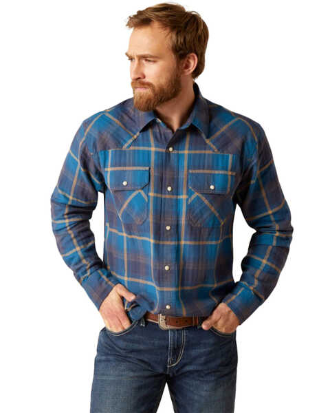 Image #1 - Ariat Men's Harland Retro Fit Plaid Print Long Sleeve Snap Western Shirt - Big , Teal, hi-res