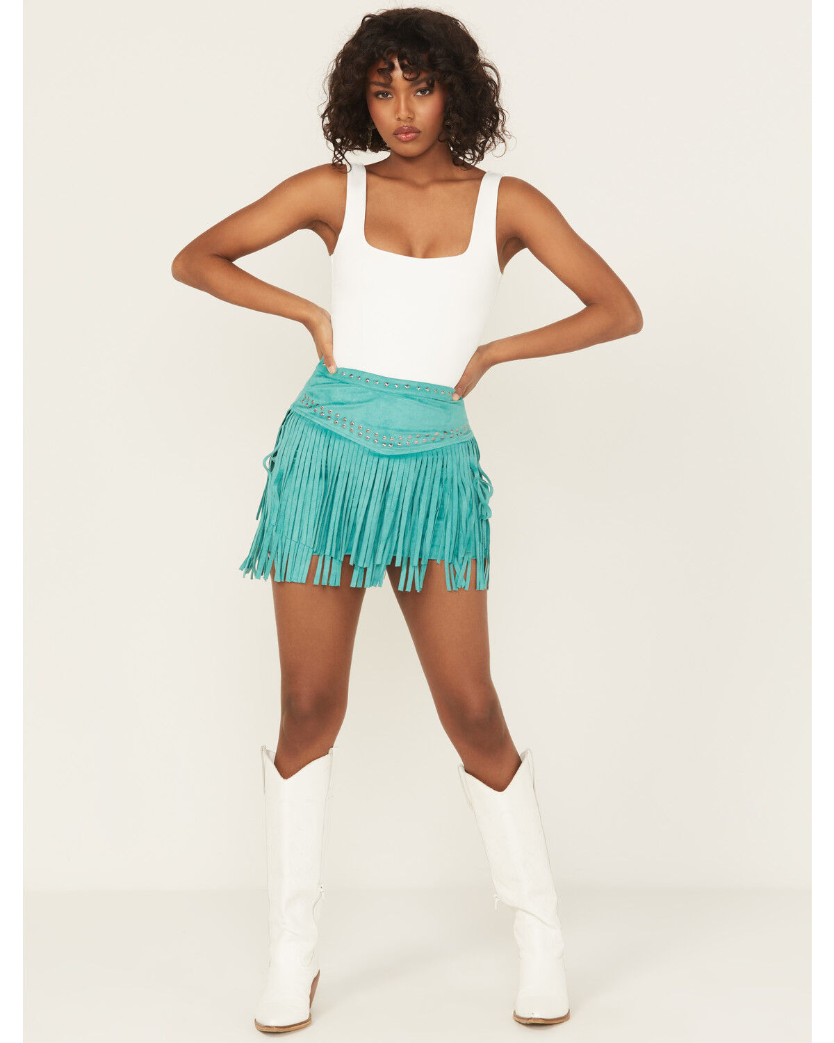Image #1 - Rock & Roll Denim Women's Fringe Studded Faux Suede Mini Skirt, Teal, hi-res
