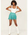 Image #1 - Rock & Roll Denim Women's Fringe Studded Faux Suede Mini Skirt, Teal, hi-res