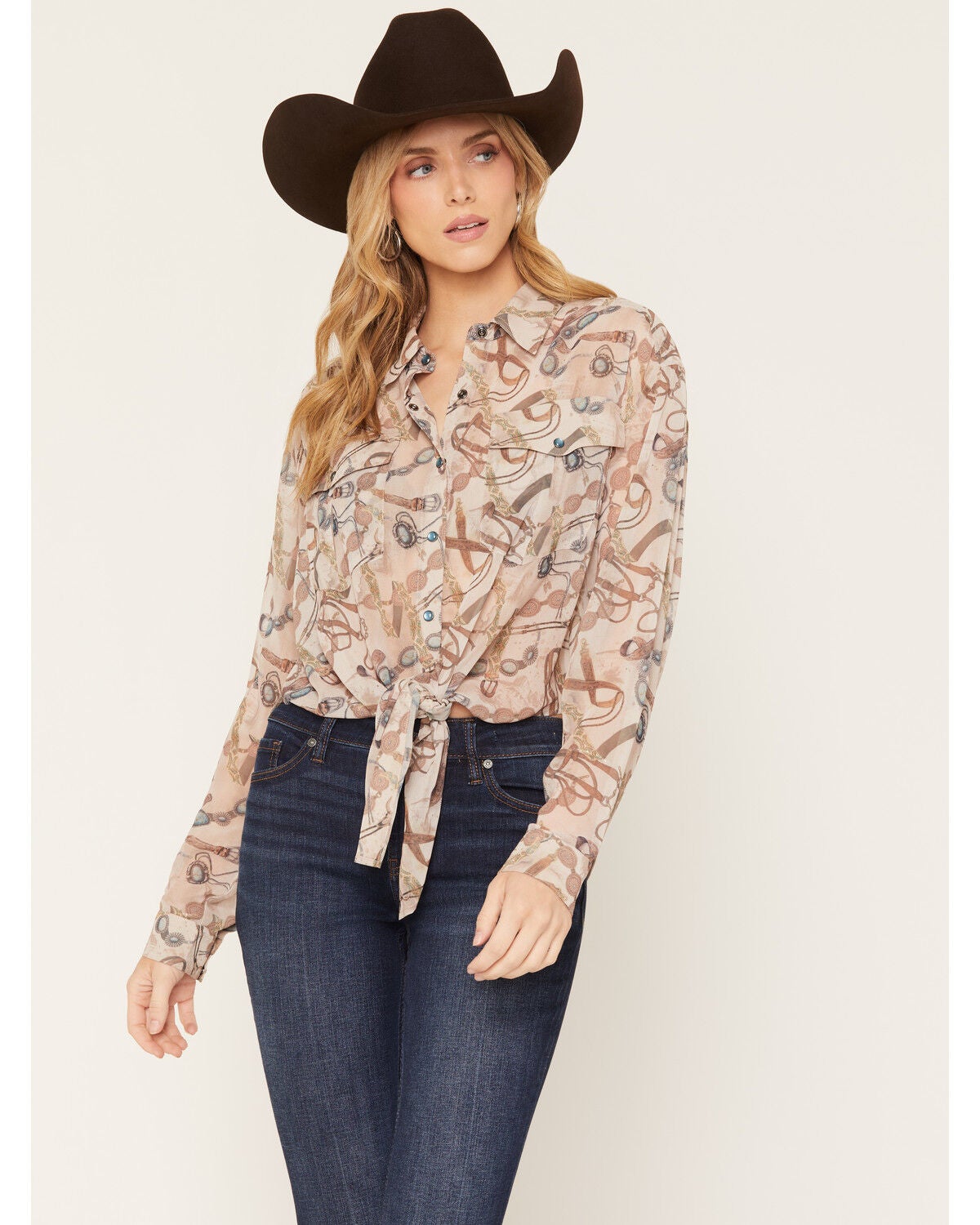 Shyanne Women's Norma Sheer Printed Long Sleeve Pearl Snap Blouse, Natural, hi-res