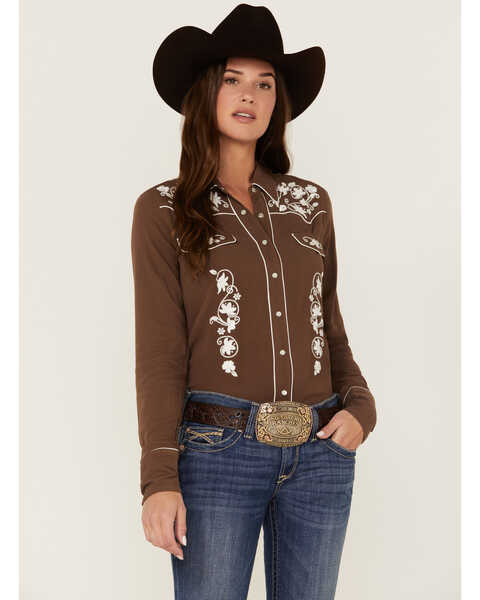 Stetson Women's Embroidered Long Sleeve Snap Western Shirt, Brown, hi-res