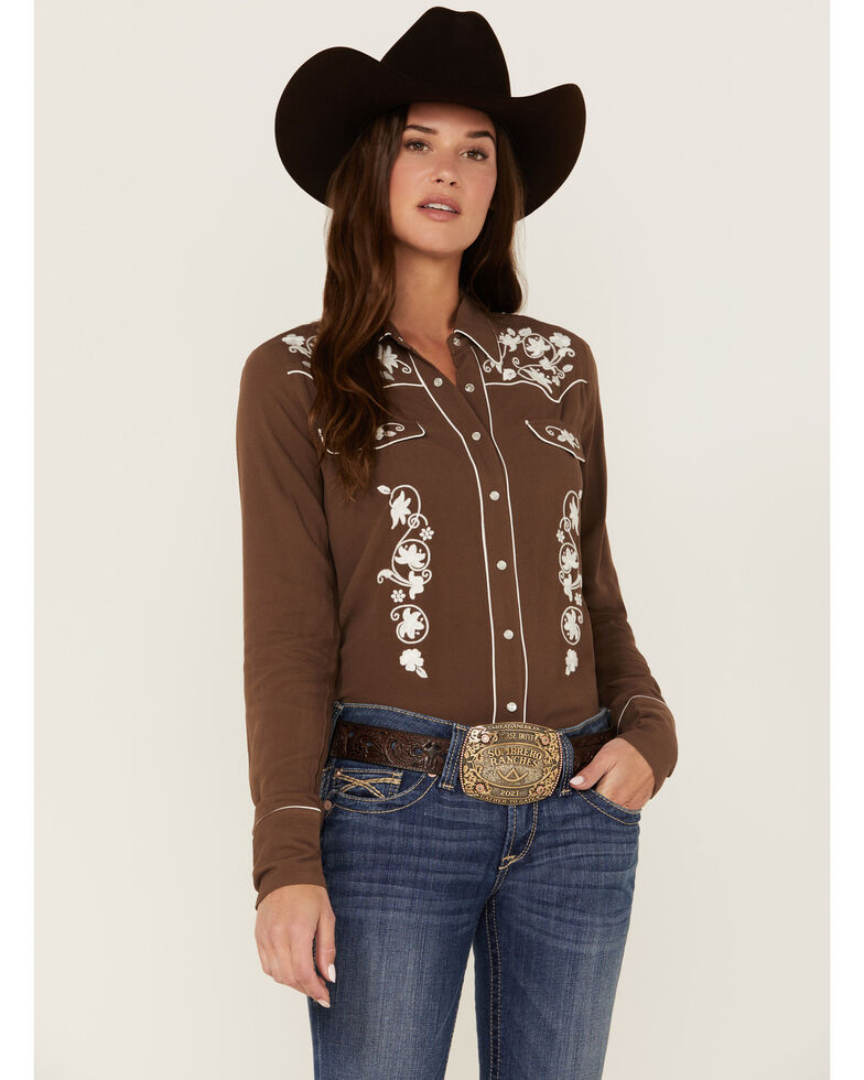 Stetson Women's Embroidered Long Sleeve Snap Western Shirt, Brown, hi-res