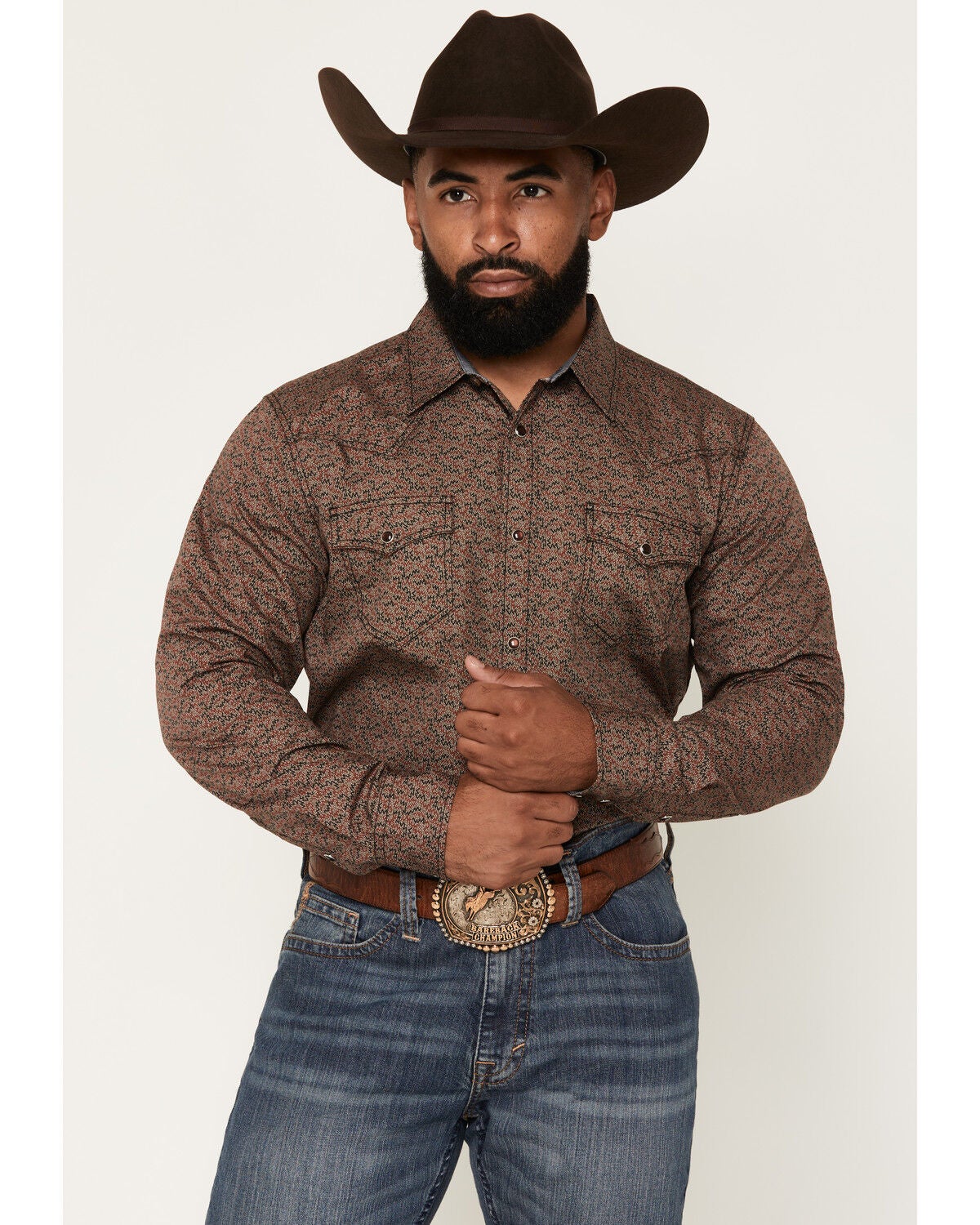 Cody James Men's Fireball Geo Print Long Sleeve Snap Western Shirt, Brown, hi-res