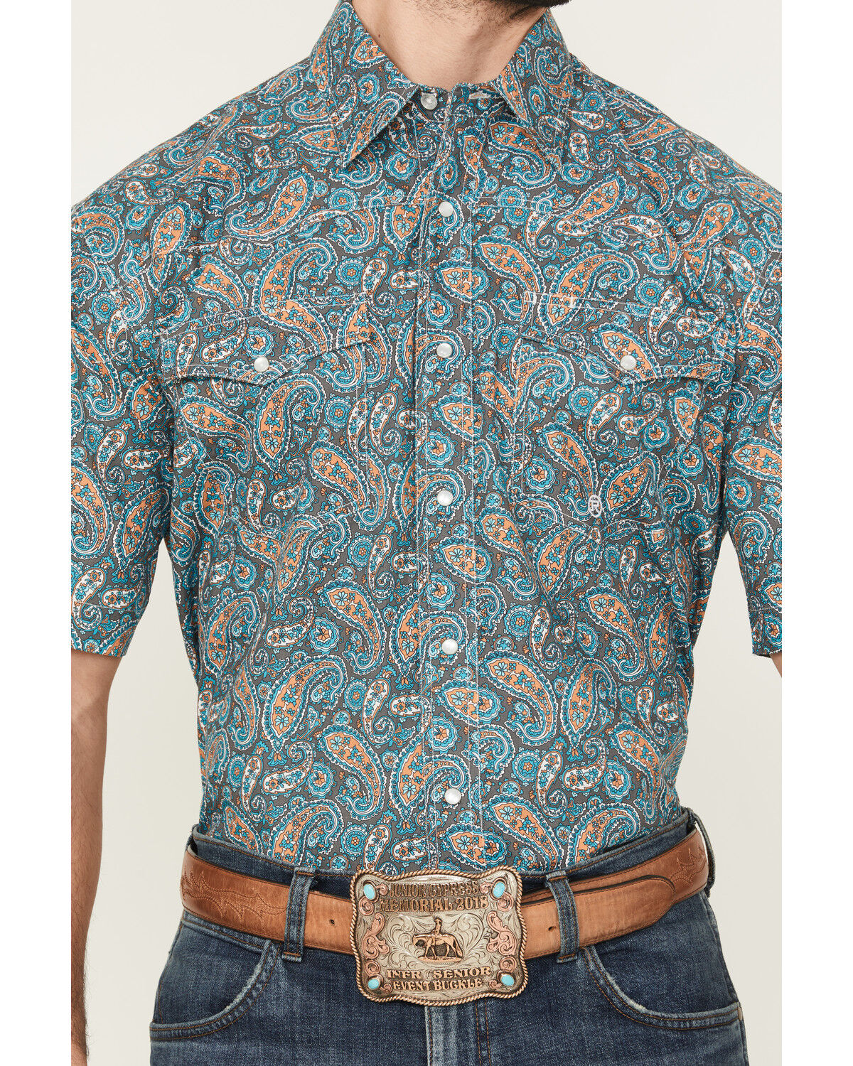 Image #3 - Roper Men's Amarillo Paisley Print Short Sleeve Snap Western Shirt, Turquoise, hi-res