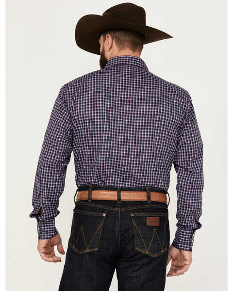 Image #4 - Wrangler Men's Plaid Print Long Sleeve Pearl Snap Western Shirt, Navy, hi-res