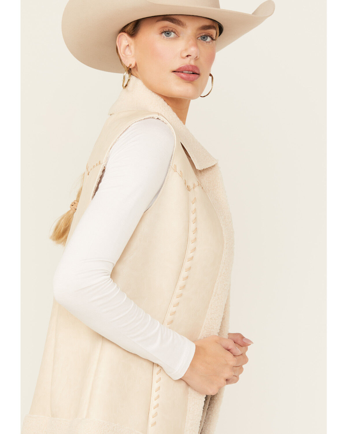 Image #3 - Cripple Creek Women's Shearling Faux Suede Vest, Cream, hi-res
