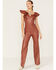 Image #1 - Flying Tomato Women's Faux Leather Flare Jumpsuit, Rust Copper, hi-res