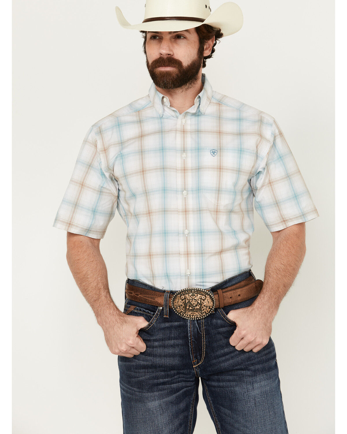 Image #1 - Ariat Men's Ellison Plaid Print Short Sleeve Button-Down Performance Western Shirt, , hi-res