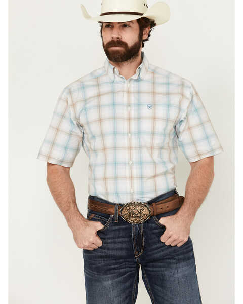 Image #1 - Ariat Men's Ellison Plaid Print Short Sleeve Button-Down Performance Western Shirt , White, hi-res