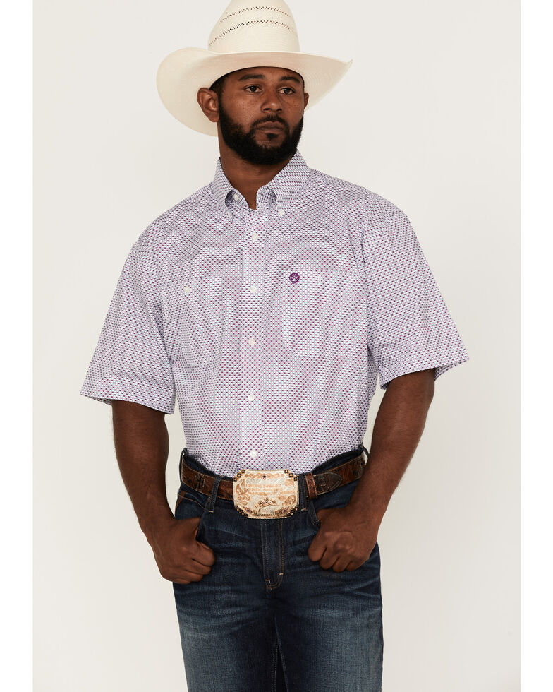 George Strait By Wrangler Men's Geo Print Short Sleeve Button-Down Western Shirt , Purple, hi-res