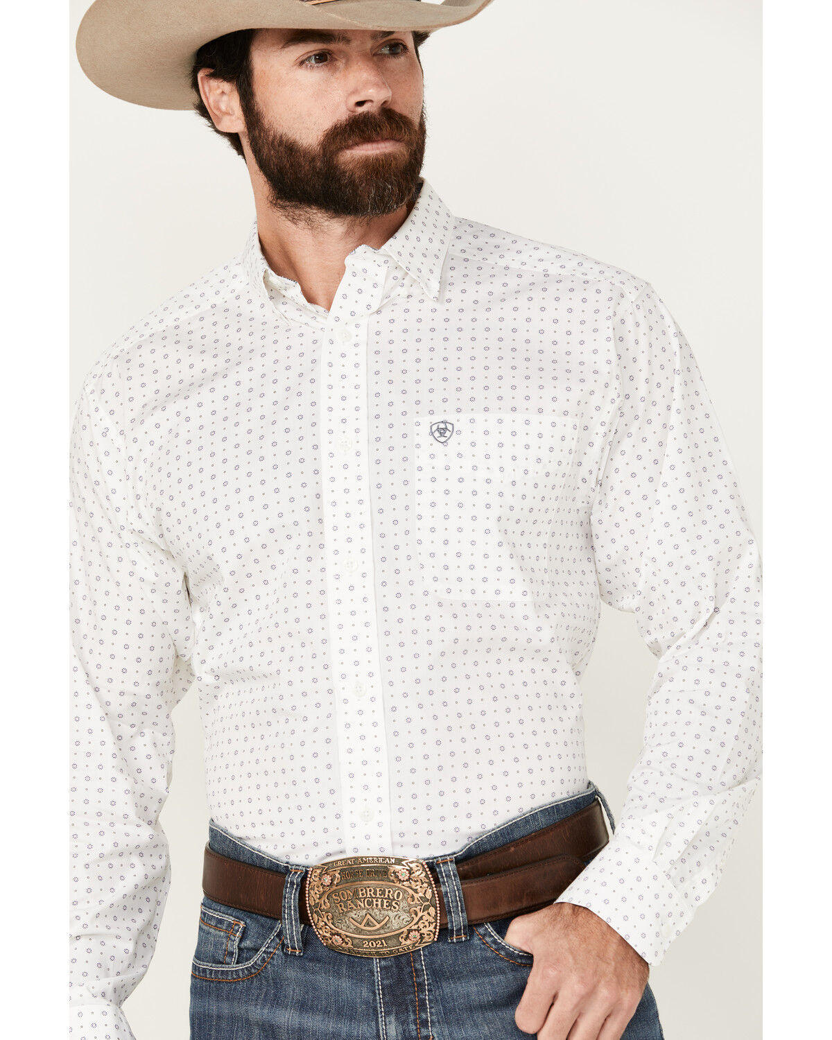 Image #3 - Ariat Men's Wrinkle Free Ogden Geo Print Long Sleeve Button-Down Western Shirt, White, hi-res