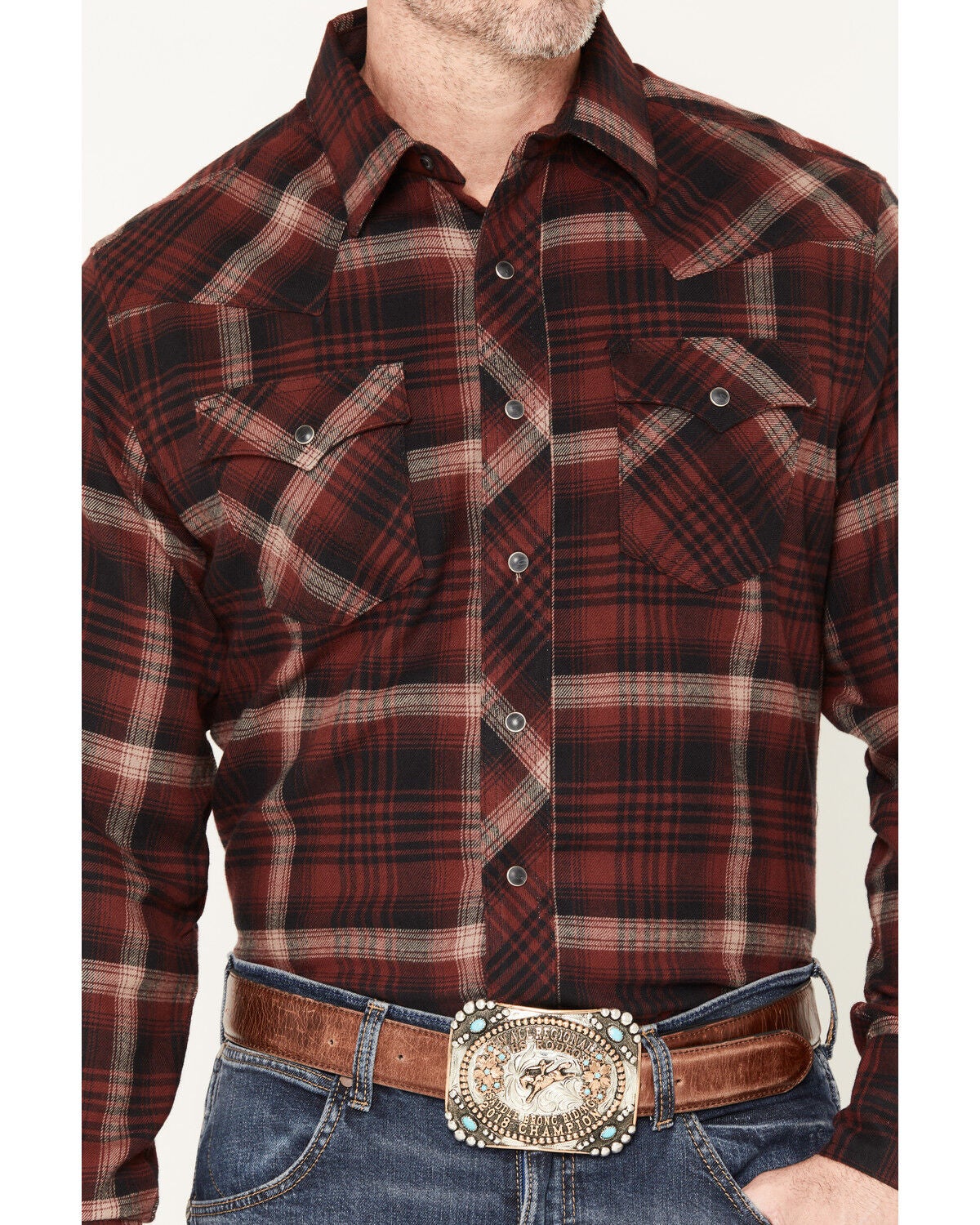 Image #3 - Wrangler Retro Men's Plaid Print Long Sleeve Snap Flannel Shirt, Burgundy, hi-res
