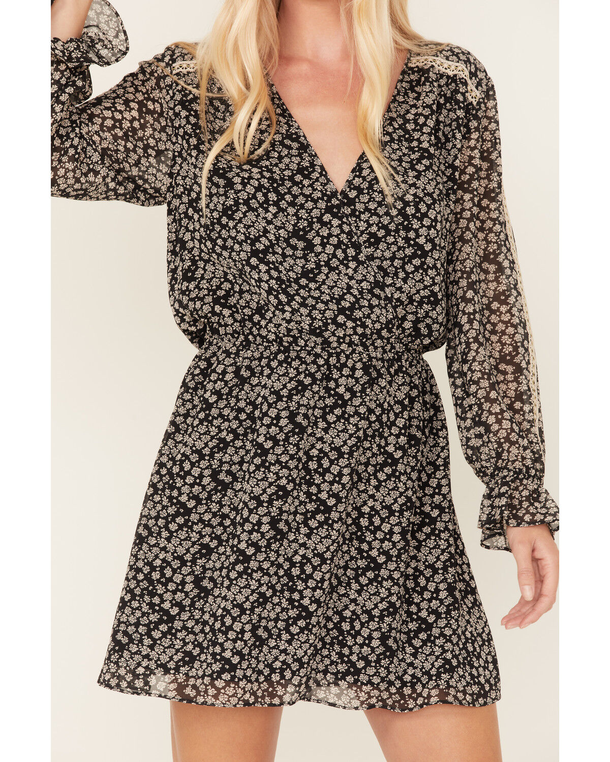 Image #3 - Beyond The Radar Women's Floral Print Long Sleeve Mini Dress, Black, hi-res