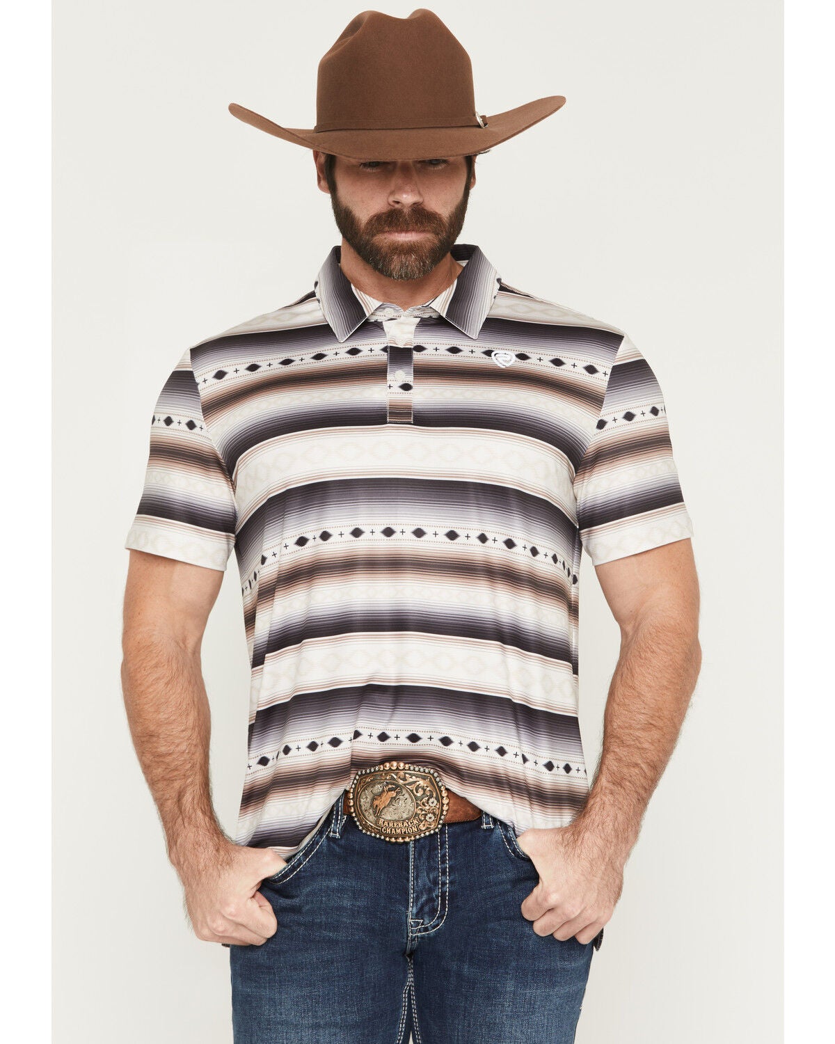 Image #1 - Rock & Roll Denim Men's Southwestern Striped Short Sleeve Button-Down Polo, Natural, hi-res