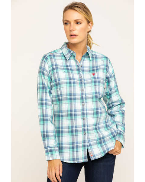 Ariat Women's FR Gisela Plaid Print Long Sleeve Work Shirt , Blue, hi-res