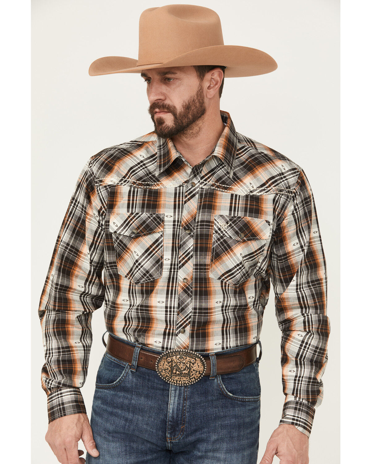 Image #1 - Cowboy Hardware Men's Plaid Print Long Sleeve Snap Stretch Western Shirt, , hi-res