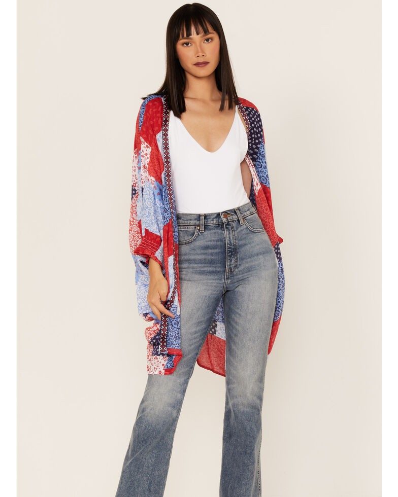 Ariat Women's Americana Patchwork Smokestack Kimono, Red/white/blue, hi-res