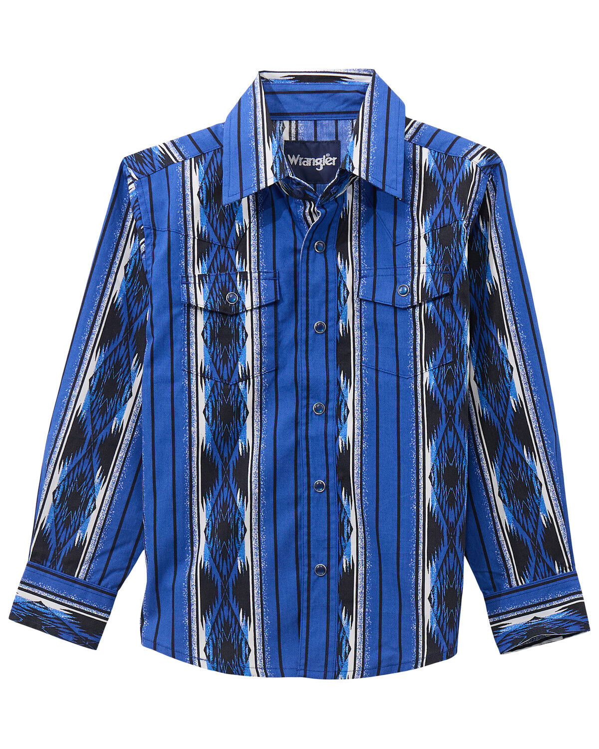 Image #1 - Wrangler Boys' Southwestern Striped Long Sleeve Pearl Snap Western Shirt, Blue, hi-res