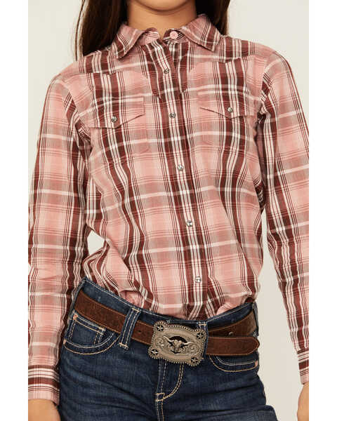 Image #3 - Ariat Girls' Saguaro Plaid Print Long Sleeve Snap Western Shirt, Brown/pink, hi-res