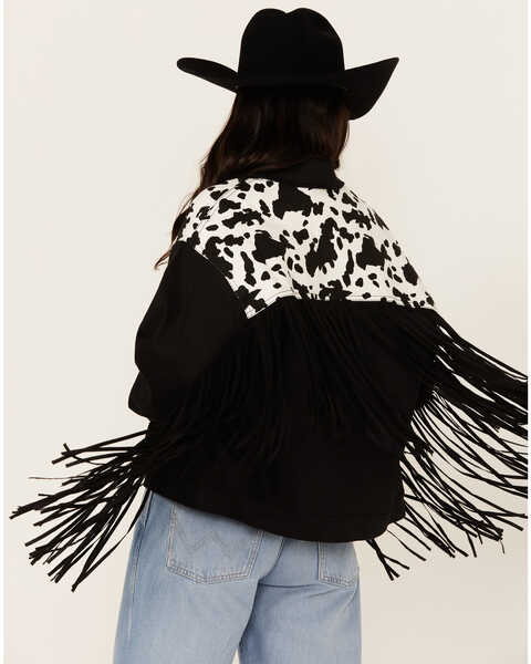 Image #4 - Saints & Hearts Women's Cow Print Fringe Jacket , Black, hi-res