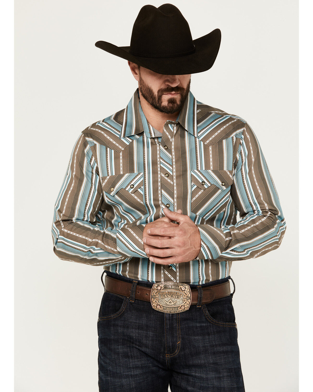 Image #1 - Rock & Roll Denim Men's Serape Striped Print Long Sleeve Pearl Snap Western Shirt, Brown, hi-res