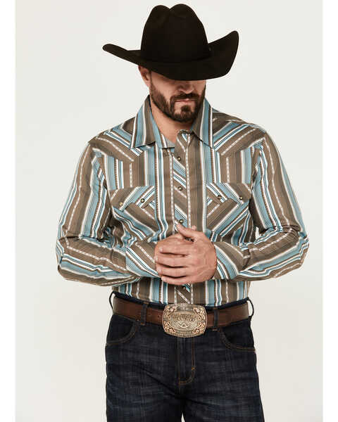 Image #1 - Rock & Roll Denim Men's Serape Striped Print Long Sleeve Pearl Snap Western Shirt, Brown, hi-res