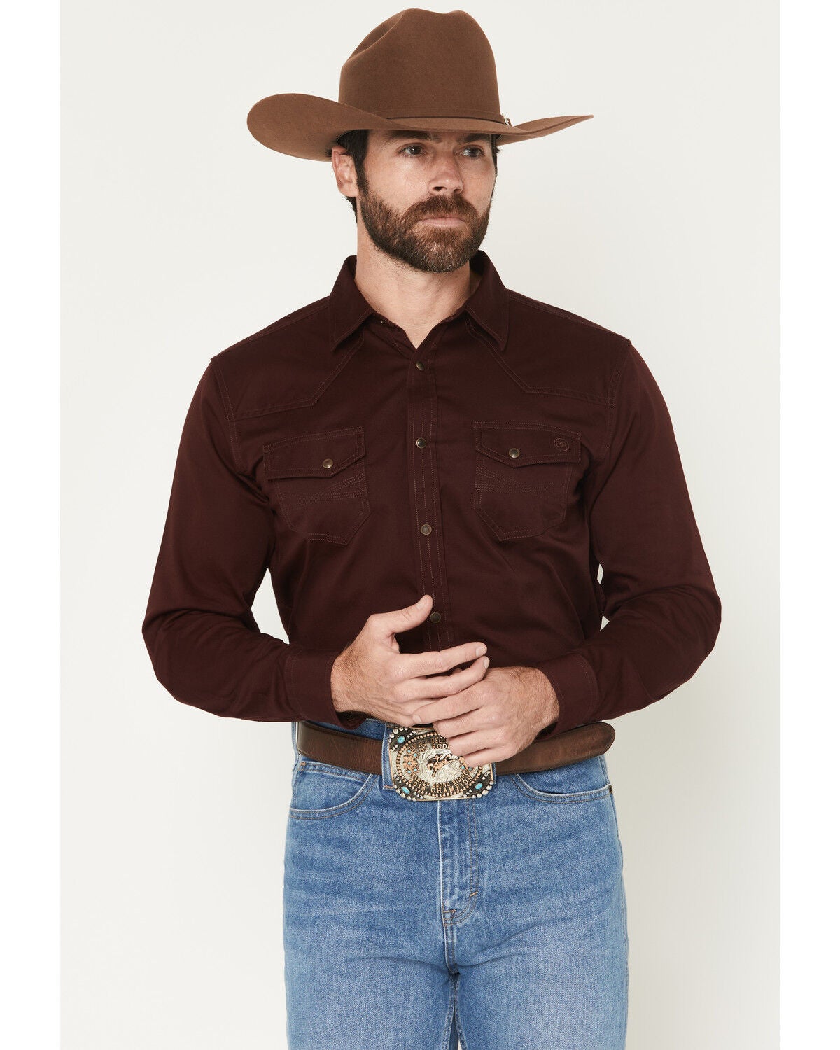 Blue Ranchwear Men's Ranch Life Solid Long Sleeve Snap Stretch Western Shirt, Burgundy, hi-res