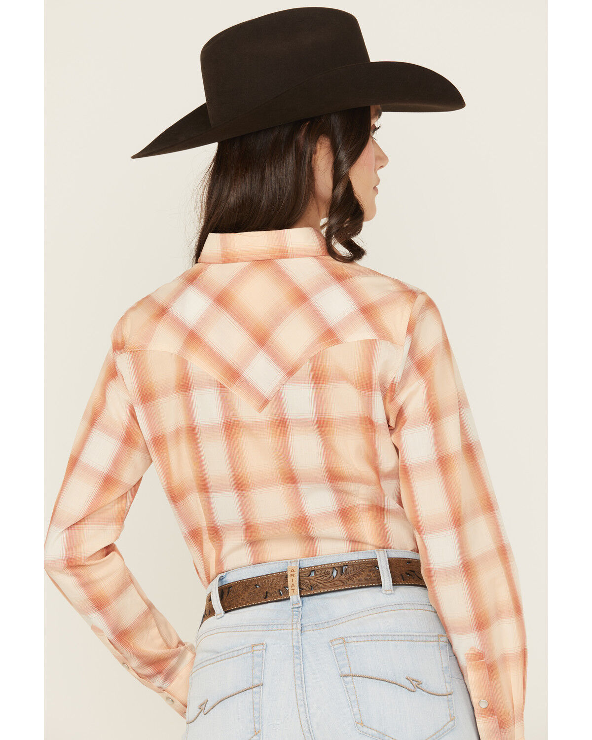 Image #4 - Wrangler Retro Women's Boot Barn Exclusive PCH Plaid Print Long Sleeve Pearl Snap Western Shirt, Peach, hi-res