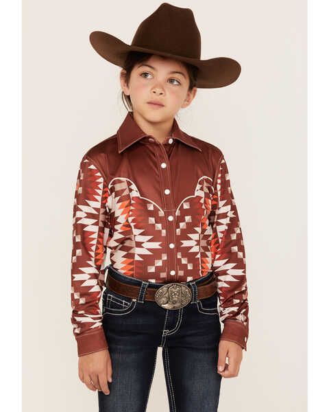 Ranch Dress'n Girls' Bandera Southwestern Print Long Sleeve Snap Shirt, Rust Copper, hi-res