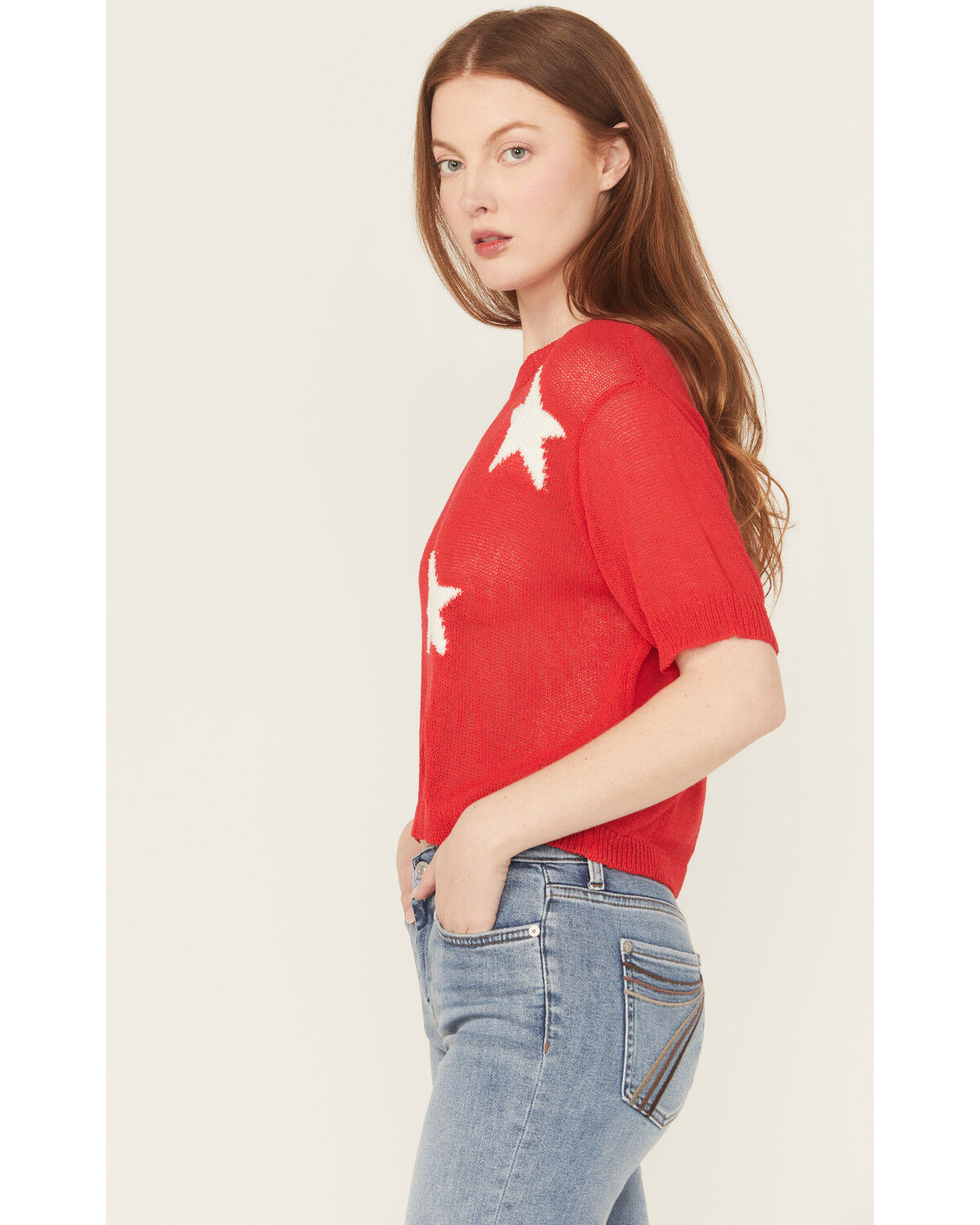 Image #2 - Rock & Roll Denim Women's Star Short Sleeve Sweater Tee, Red, hi-res