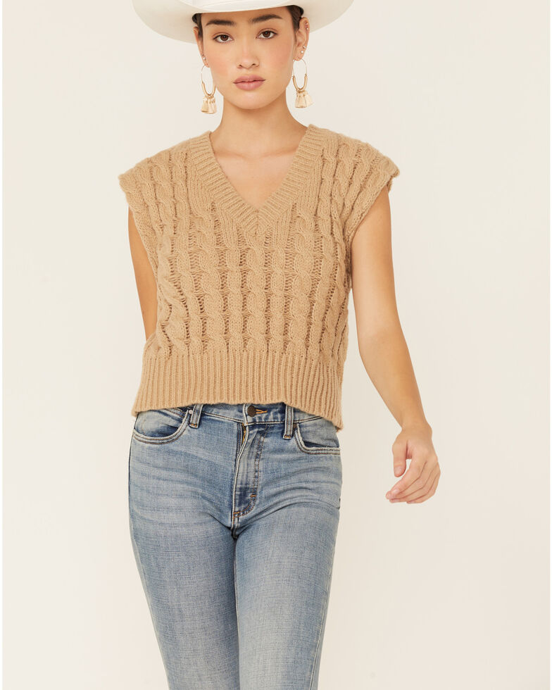 Very J Women's Mocha Cable Knit Cropped Sweater Vest, Brown, hi-res