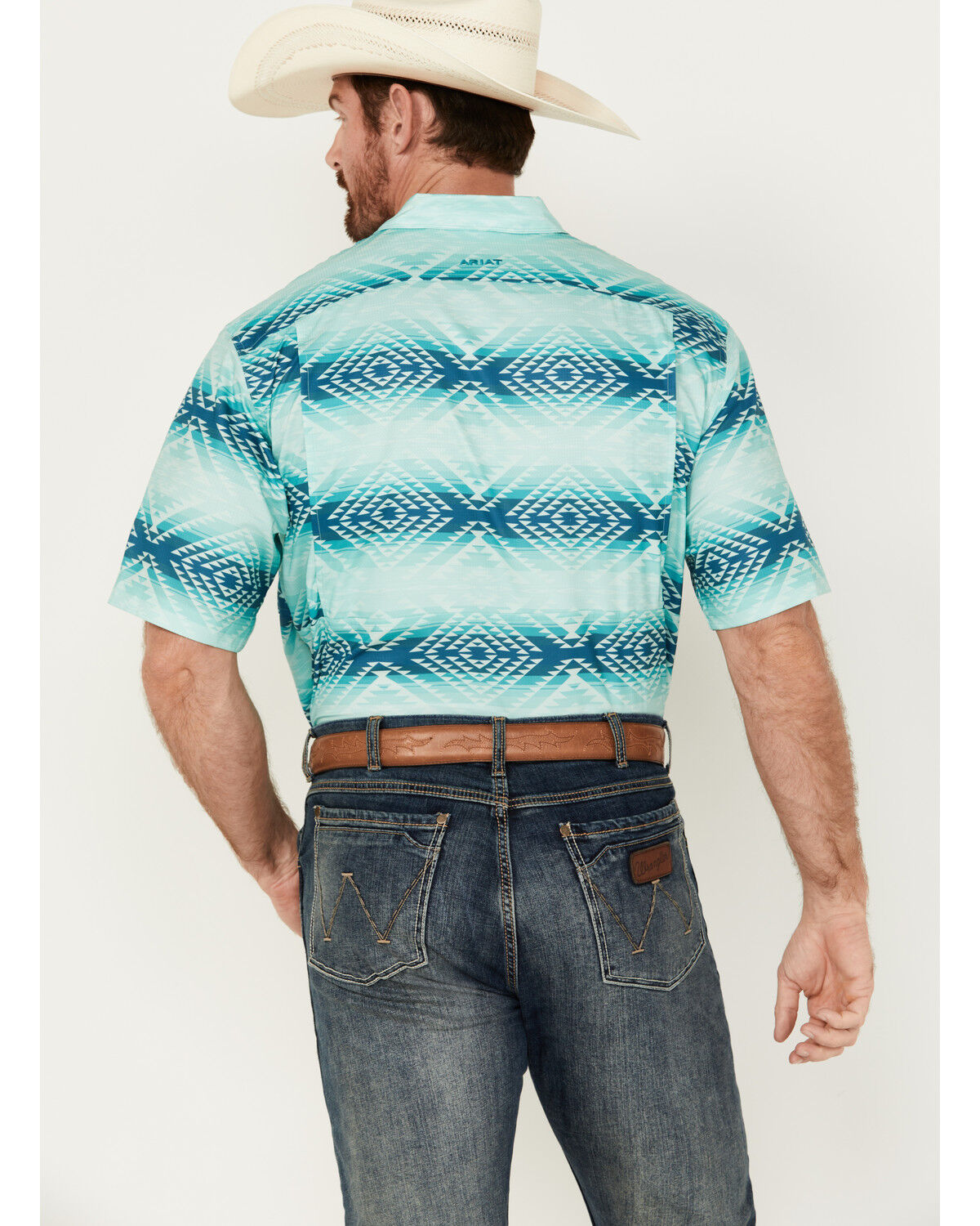 Image #4 - Ariat Men's VentTEK Classic Fit Southwestern Striped Short Sleeve Performance Shirt, Aqua, hi-res